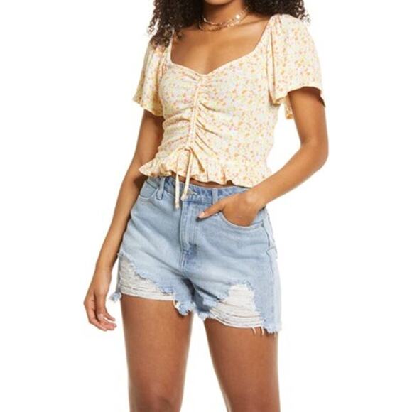 NWT BP. Cinched Ruffle Crop Top Yellow Floral Size XS - Picture 1 of 4